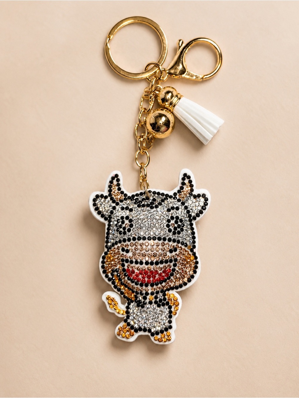 Sparkly Rhinestone Cow Keychain Charm Tassel Purse Bag Charm Bling Accessory